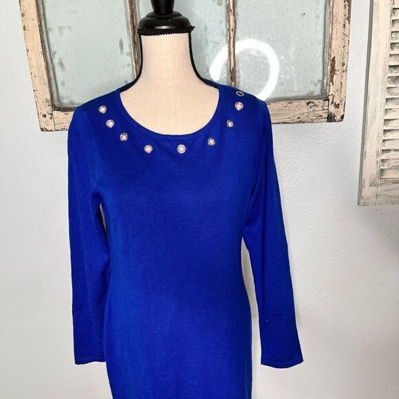 NY Collection Round Neck Long Sleeve Grommet Design Mini Dress Size Medium - Picture 6 of 11